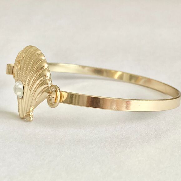 Scallop Sea Shell Bracelet Bangle Nautical Island Beach 7.5" Gold Plated Crystal - Picture 4 of 13